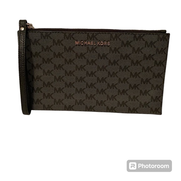 MICHAEL KORS BAG JET SET BLACK GRAY LOGO COATED CANVAS WRISTLET POUCH CLUTCH - Picture 1 of 14